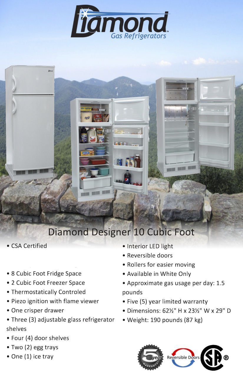 New Diamond Designer 10 Cu Ft Gas LP Propane White Top Freezer