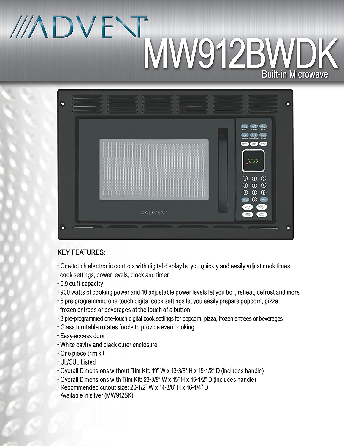 Advent MW912BWDK Black Builtin Microwave Oven with Wide Trim Kit