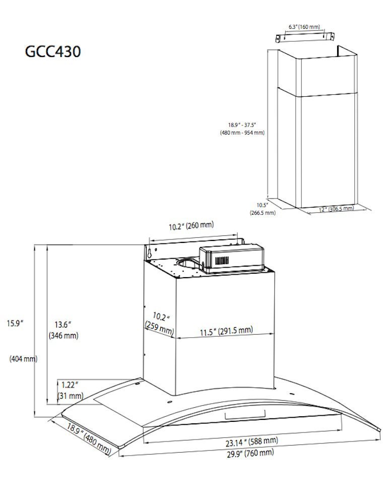 Ancona GCC430 WallMounted Glass Canopy Style Convertible Range Hood