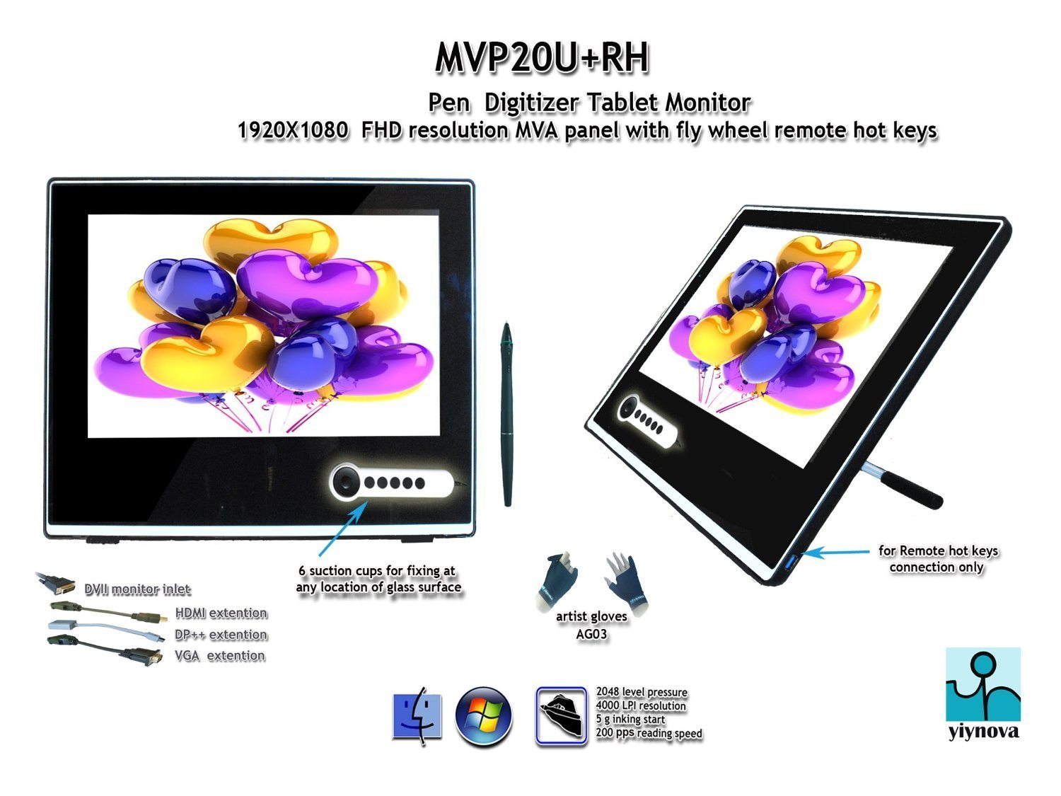 Yiynova MVP20U+RH Full HD Tablet Monitor, DVII Digital Input, SMVA