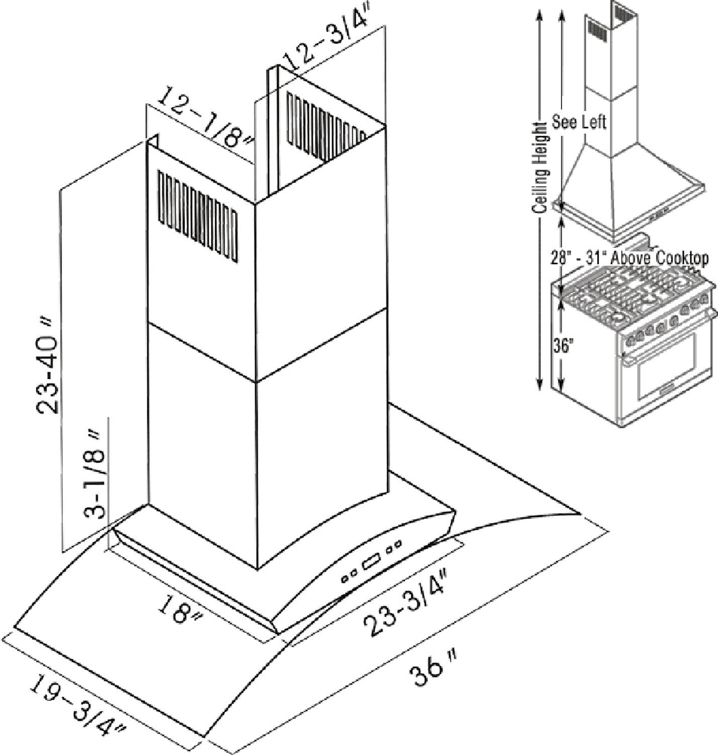 CAVALIERE 36" Wall Mounted Stainless Steel / Glass Kitchen Range Hood