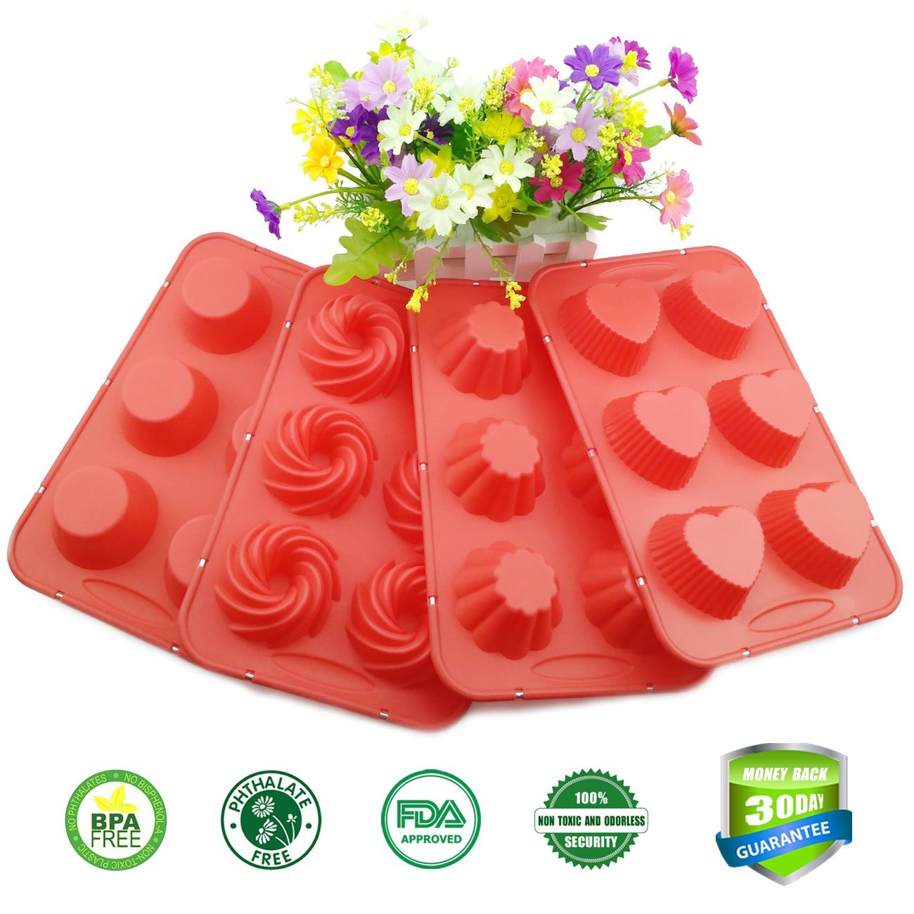 Cupcake Pan, Silicone Cake Mold with Steel Edge 4 Packs 24 Cups Silivo