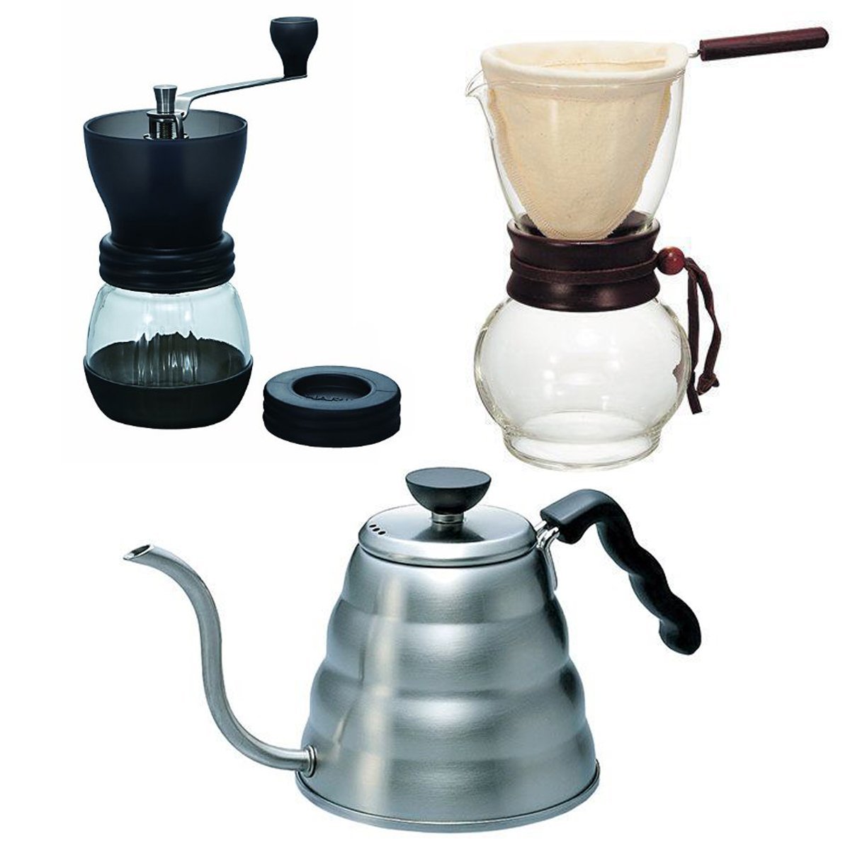 Hario Kettle, Drip Pot Woodneck and Coffee Mill 3 Products Together