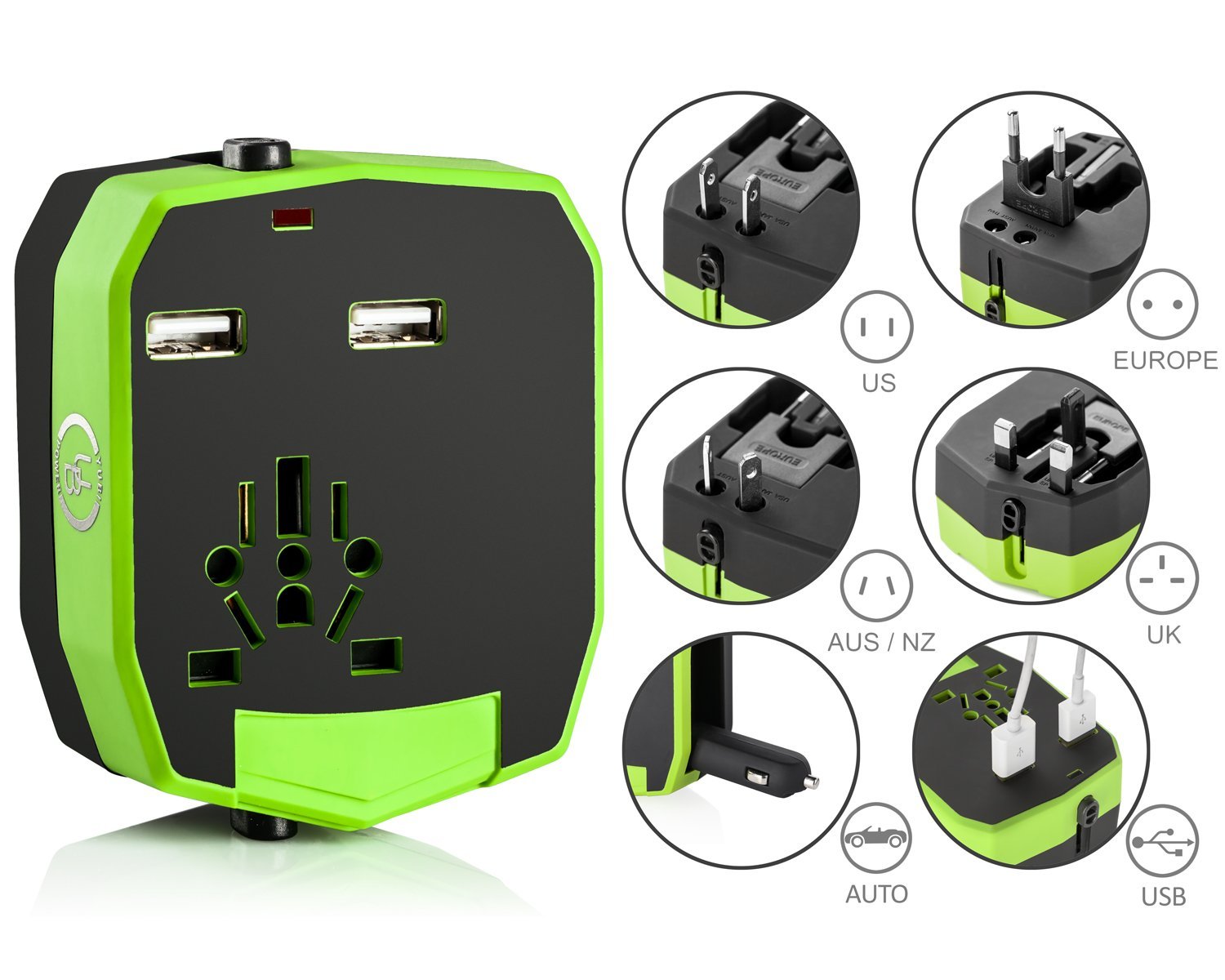 Yubi Power Dual Outlet Travel Adapter with 2 Universal Outlets Built