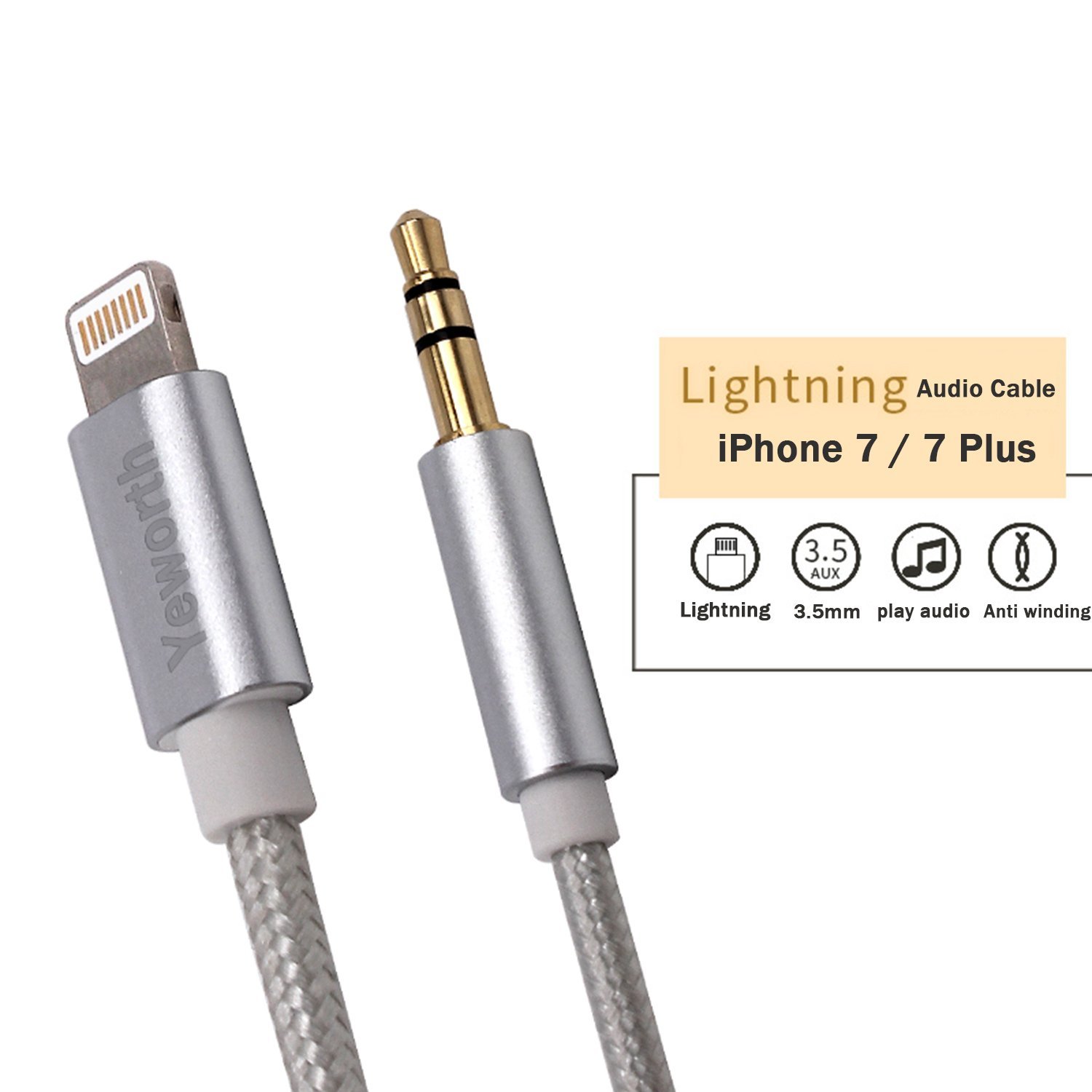 Lightning to 3.5mm Aux Audio Stereo Cable, Yeworth Nylon Fiber Braided