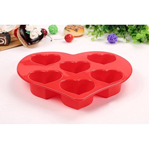 BakeBear 6 in One Heart Shape Baking Cake Pans, Red Love Silicone Cake