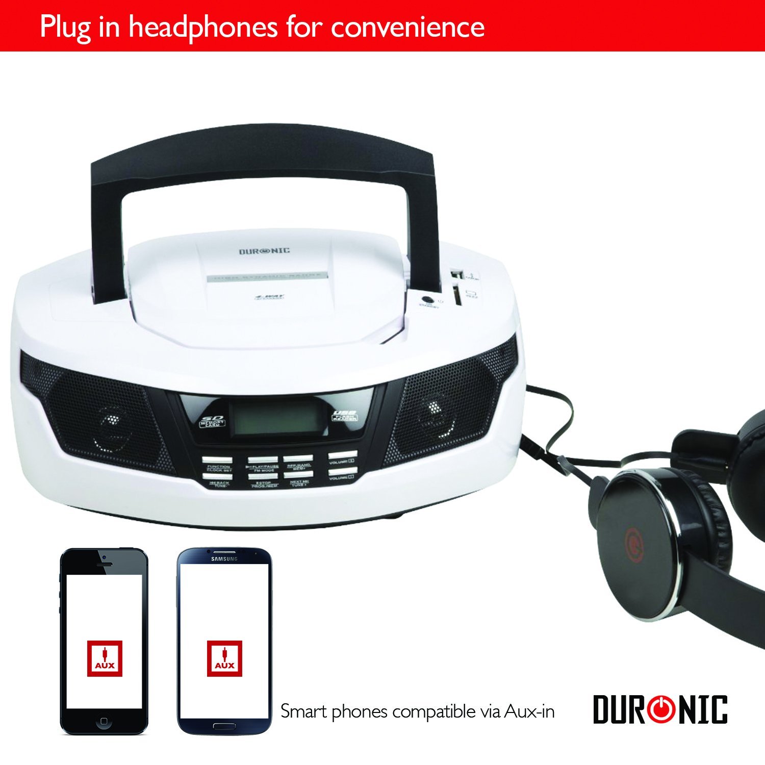 Duronic RCD99W White CD Player 4way speaker Boombox with Clock, Radio