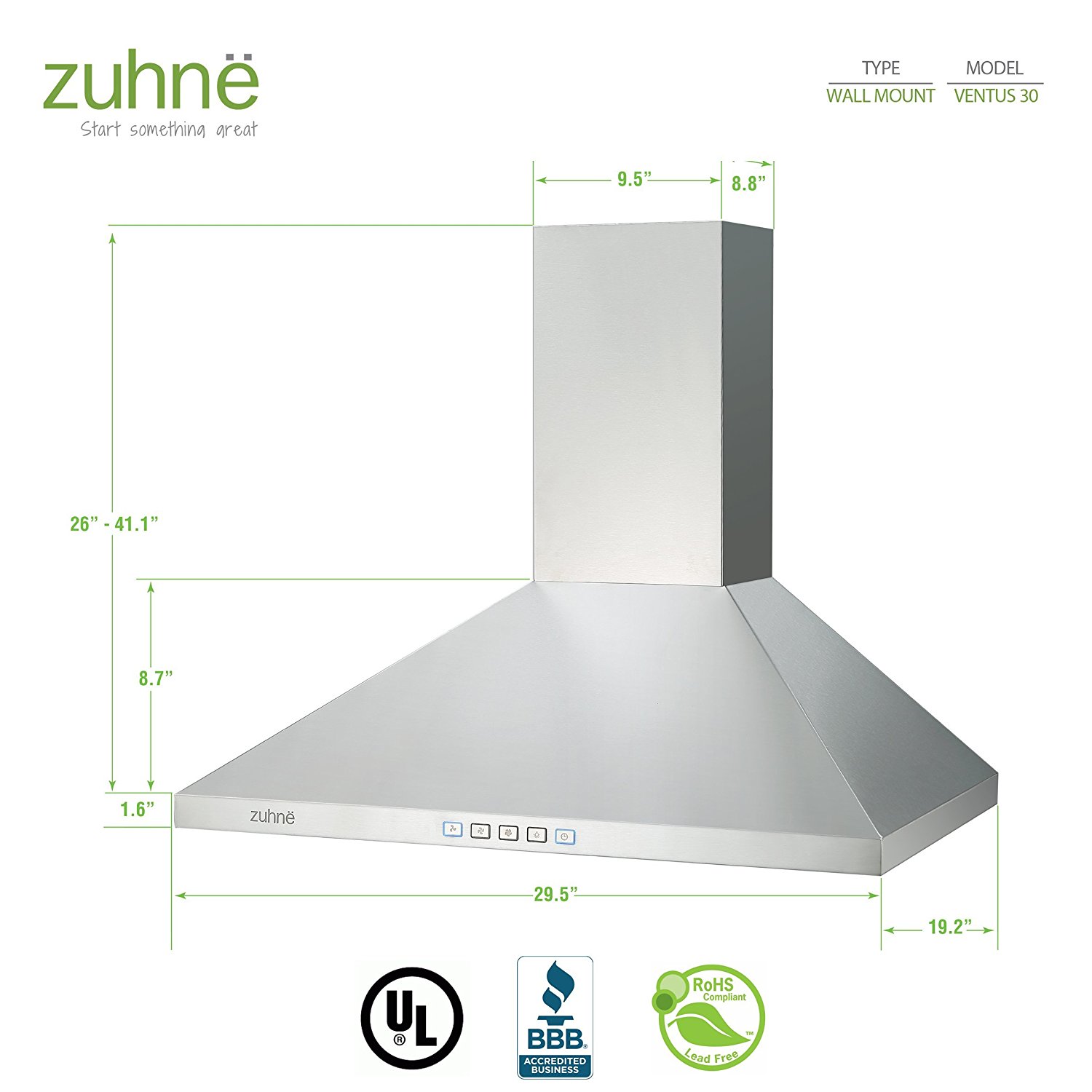 Zuhne Ventus 30 inch Kitchen Wall Mount Vented/ Ductless Stainless