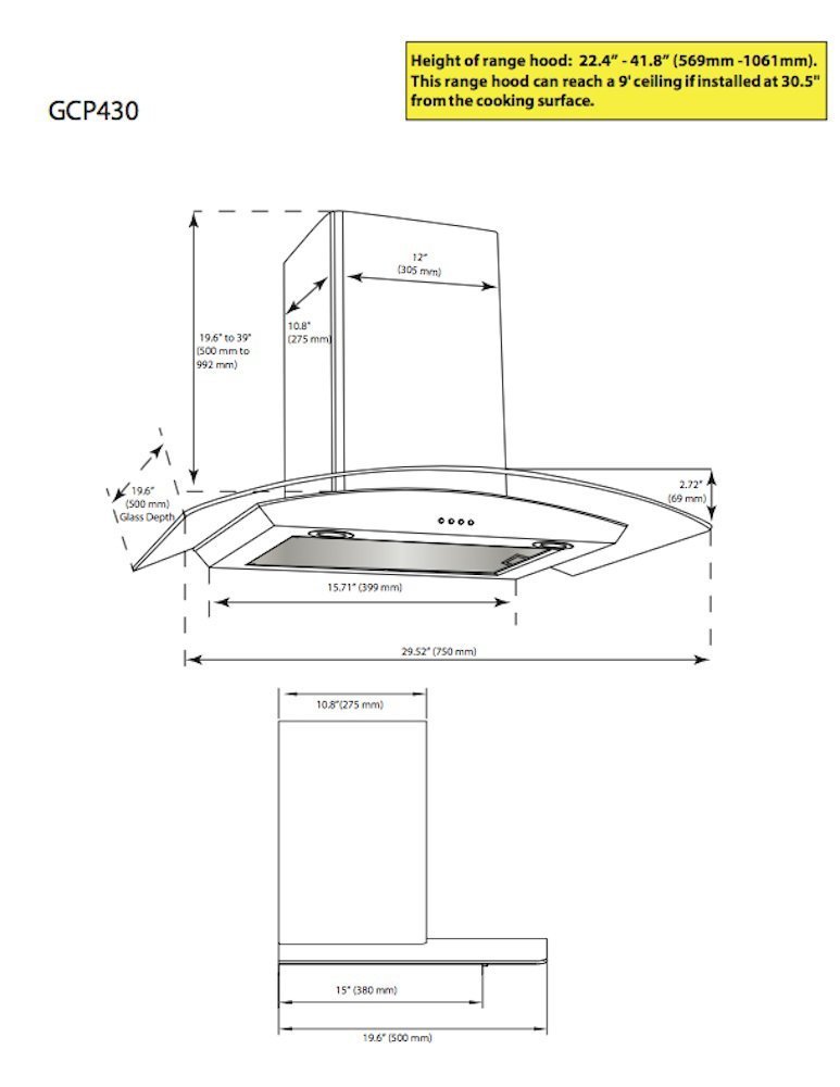 Ancona GCP430 WallMounted Glass Canopy Style Convertible Range Hood