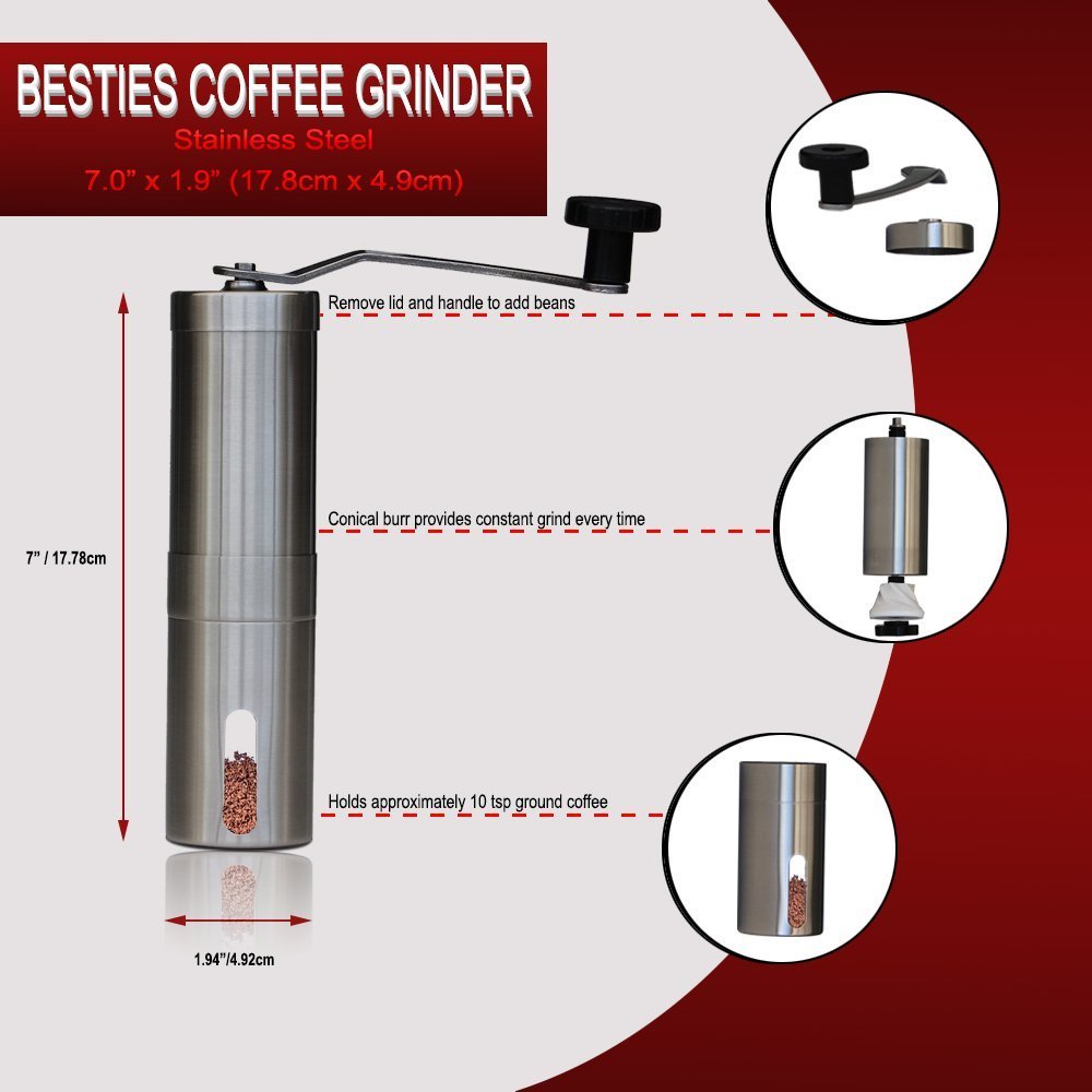 Besties Hand Coffee Grinder With Ceramic Conical Burr Design, Slim