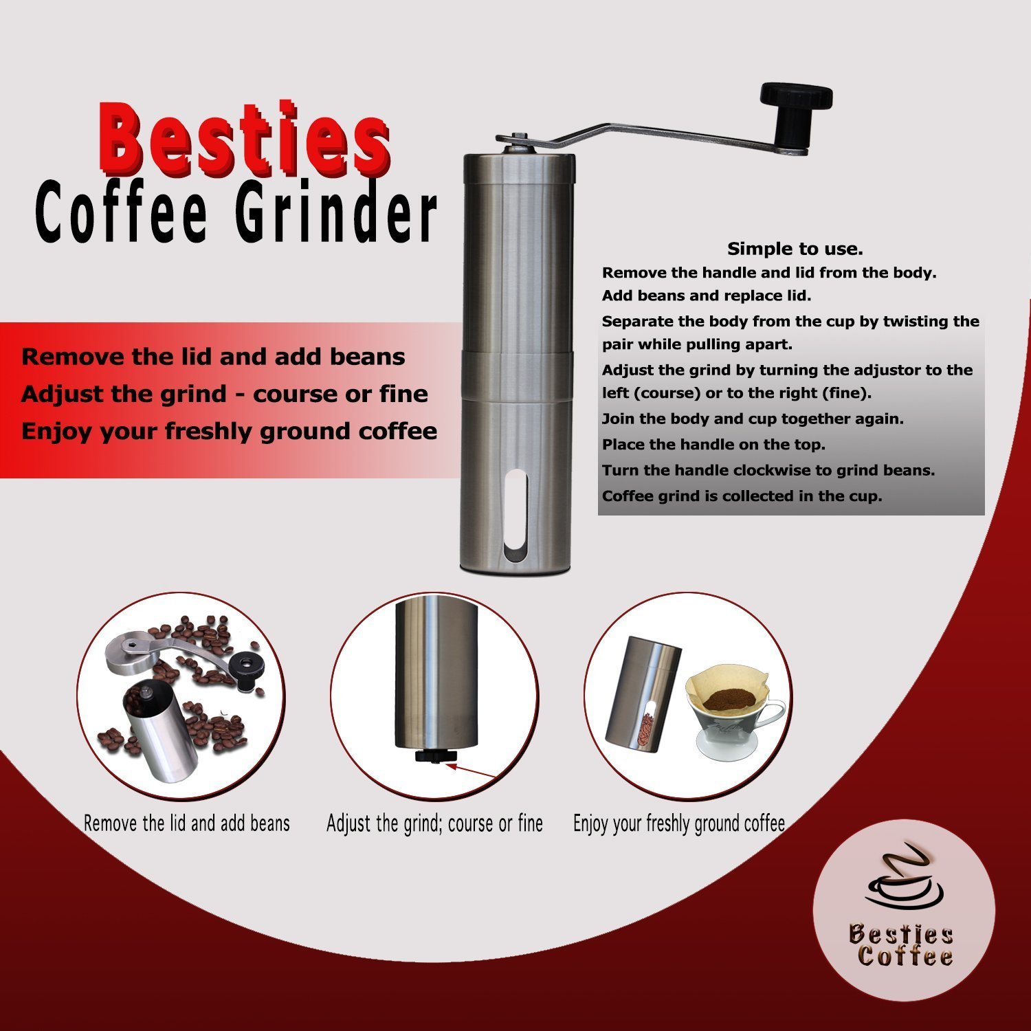 Besties Hand Coffee Grinder With Ceramic Conical Burr Design, Slim