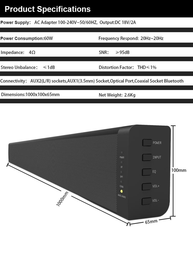 LonPoo 615 Premium 60Watt 40" inch Sound Bar for Flat Screen TVs with
