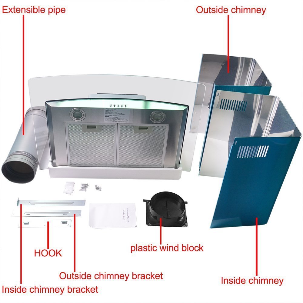 Toyofmine Kitchen Stainless Steel 36" Glass Wall Mount Range Hood Stove