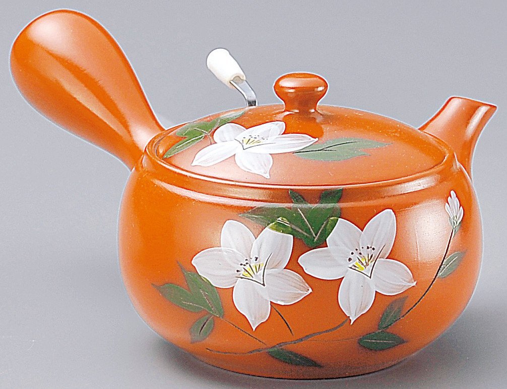 Yamakiikai pottery Orange Kyusu(Japanese teapot) with white flowers