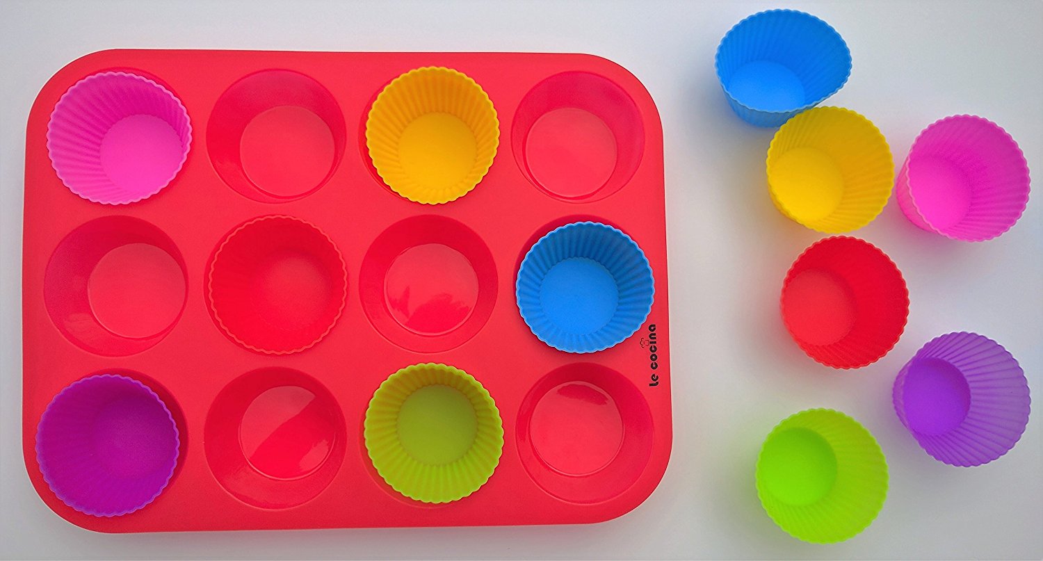 Muffin Pan & Cupcake Liners of Silicone by Le Cocina. Safe & Easy to