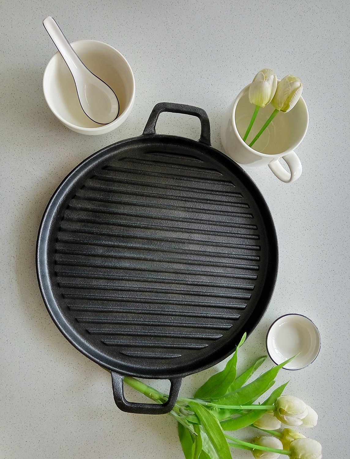 Cast Iron Griddle Pizza Pan Pre Seasoned Grill (New Design), Black by