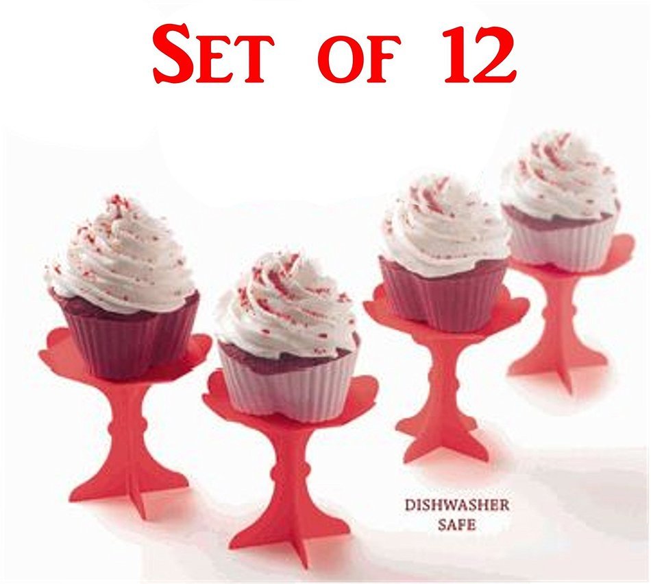 Set of 12 Red and Pink Heart Shaped Silicone Cupcake Molds / Stands