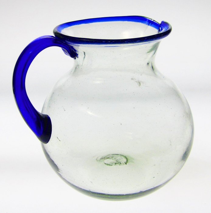 Mexican Glass Margarita or Juice Pitcher, Blue Rim, Bola or Bowl Shape