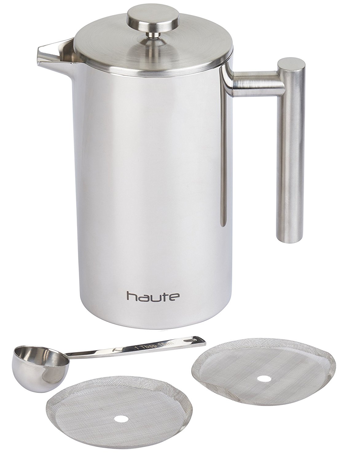 Haute Stainless Steel French Press Coffee Maker with Fill Lines, 2 Extra Filters and Coffee