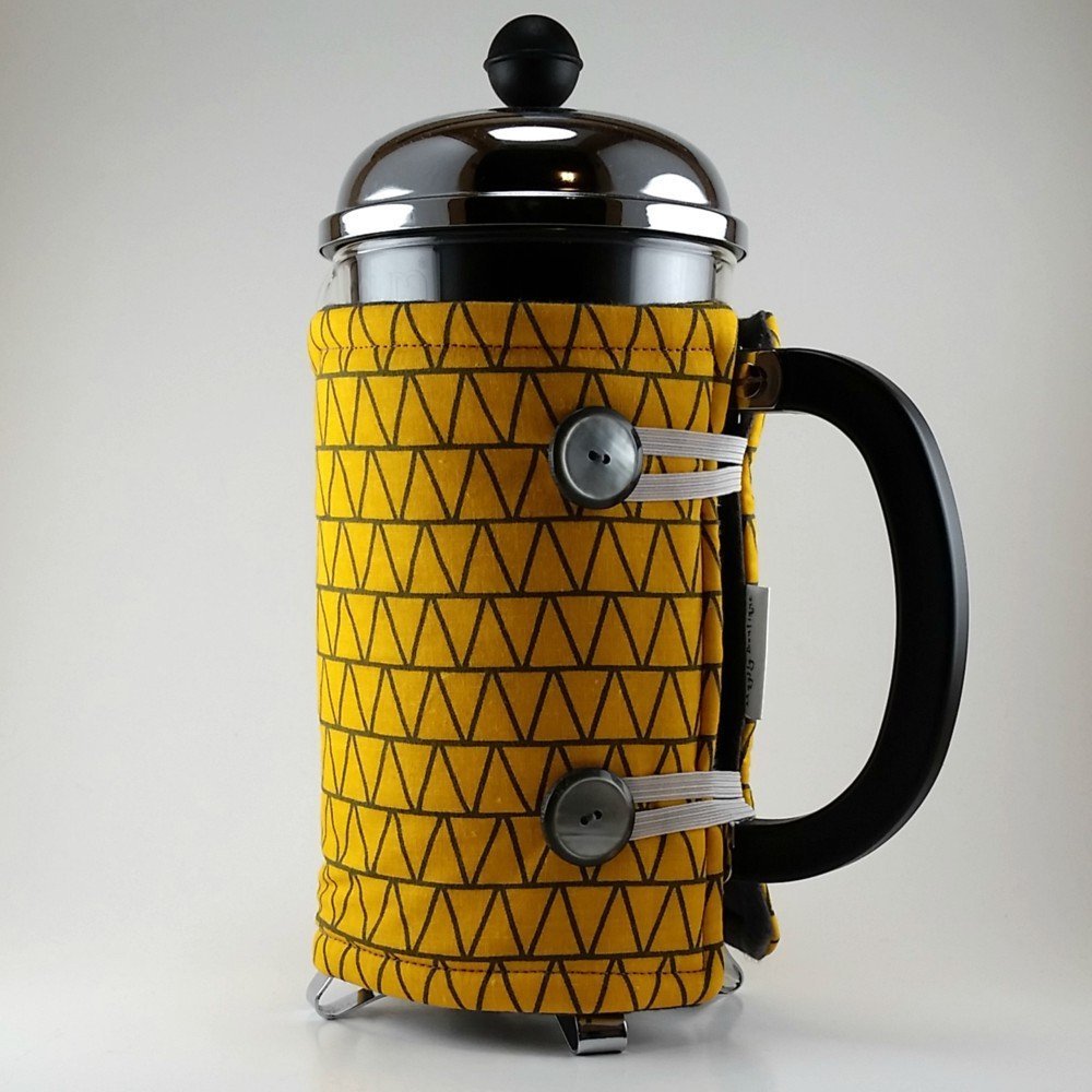 Yellow Gray Triangles, French Press Cozy, 8 cup Cafetiere Cosy, Insulated Coffee Wrap, Coffee