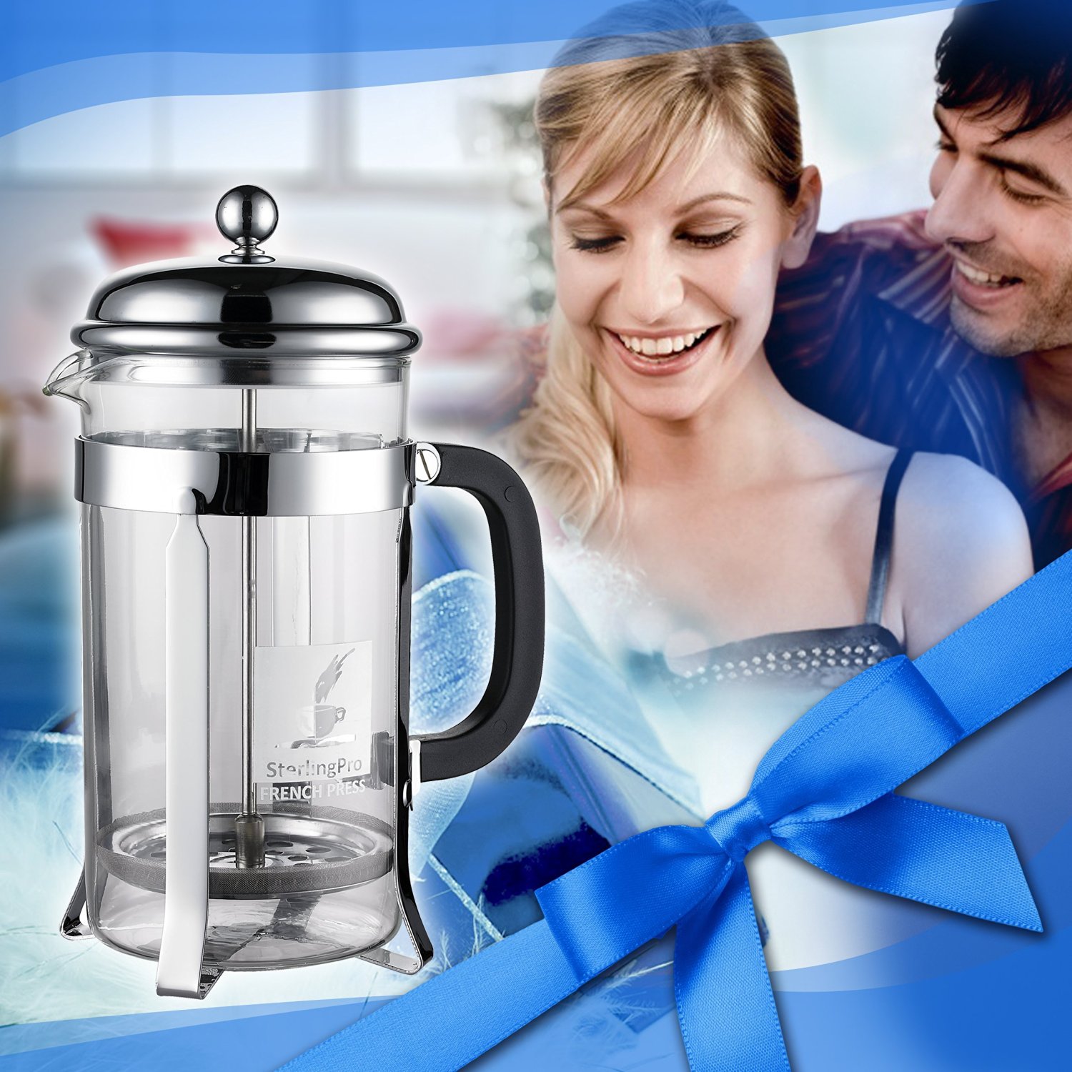 SterlingPro French Coffee Press 8 Cup (1 liter, 34 oz), Chrome N2 free
