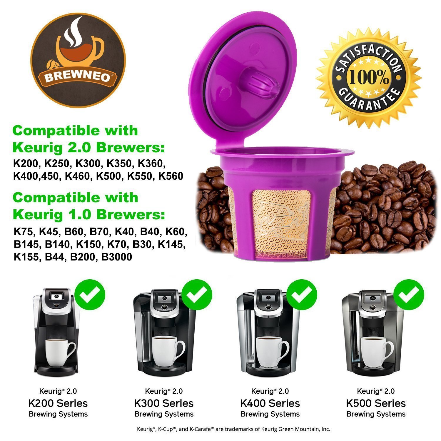 Brewneo 2 Reusable K Cup Coffee Filters for Keurig 2.0 K200, K300
