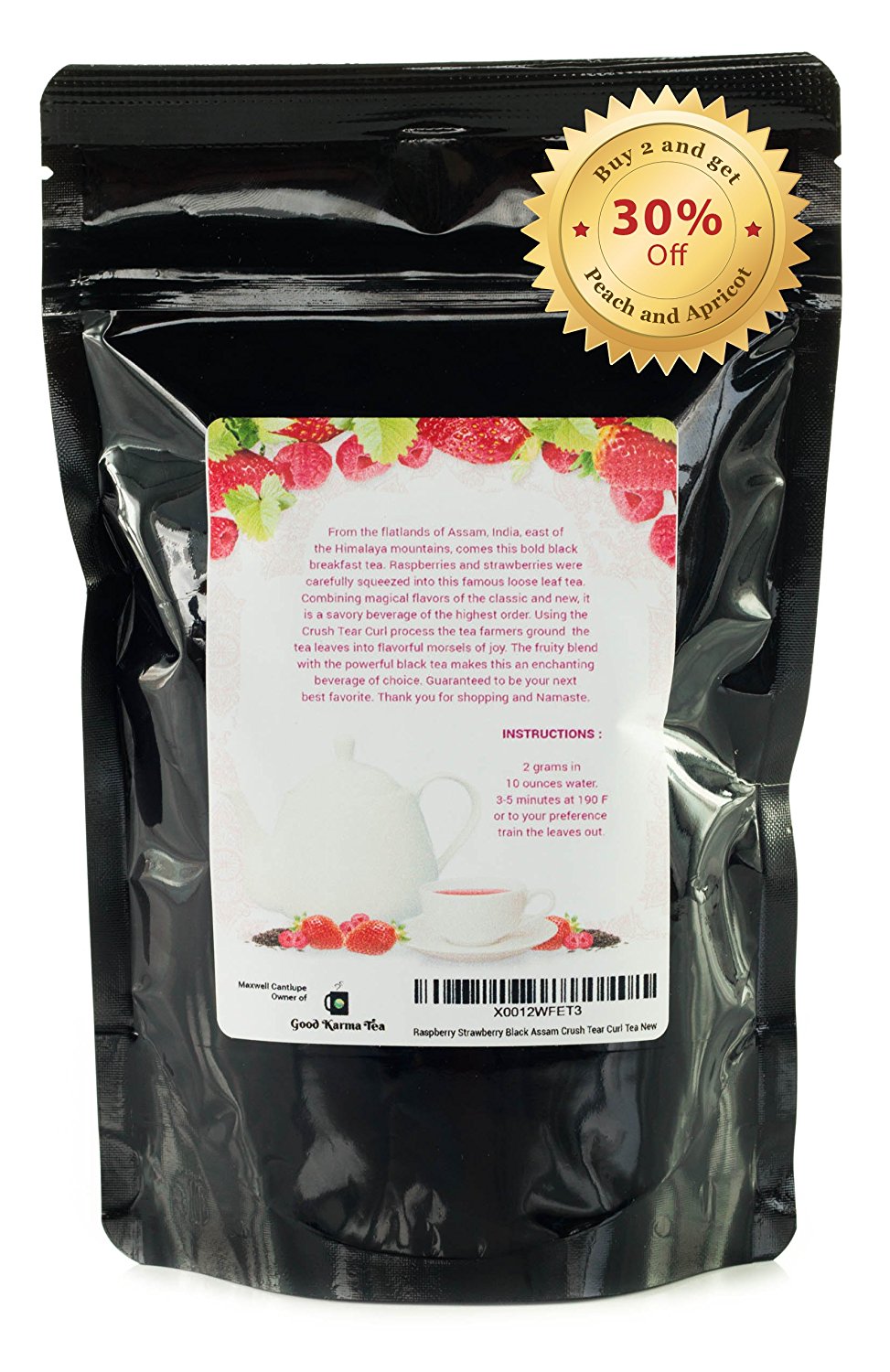 Good Karma Tea Raspberry, Strawberry Black Tea Indian Assam Loose Leaf