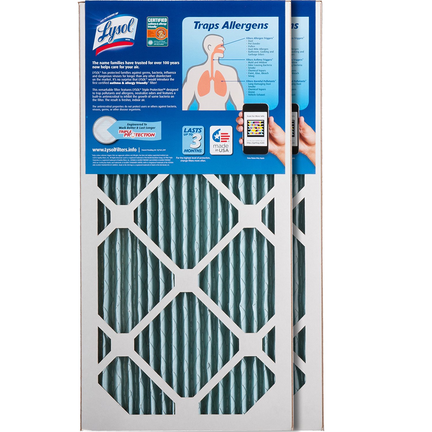 Lysol Triple Protection Furnace/AC Air Filter, 12" x 24" x 1", 2Pack