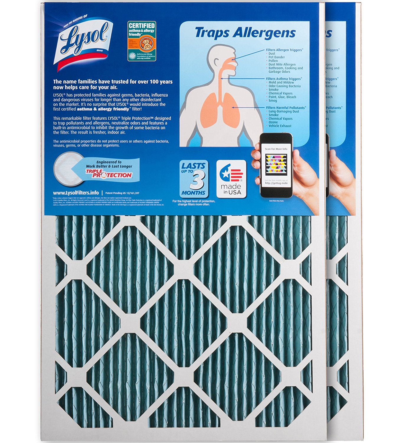 Lysol Triple Protection Furnace/AC Air Filter, 12" x 24" x 1", 2Pack