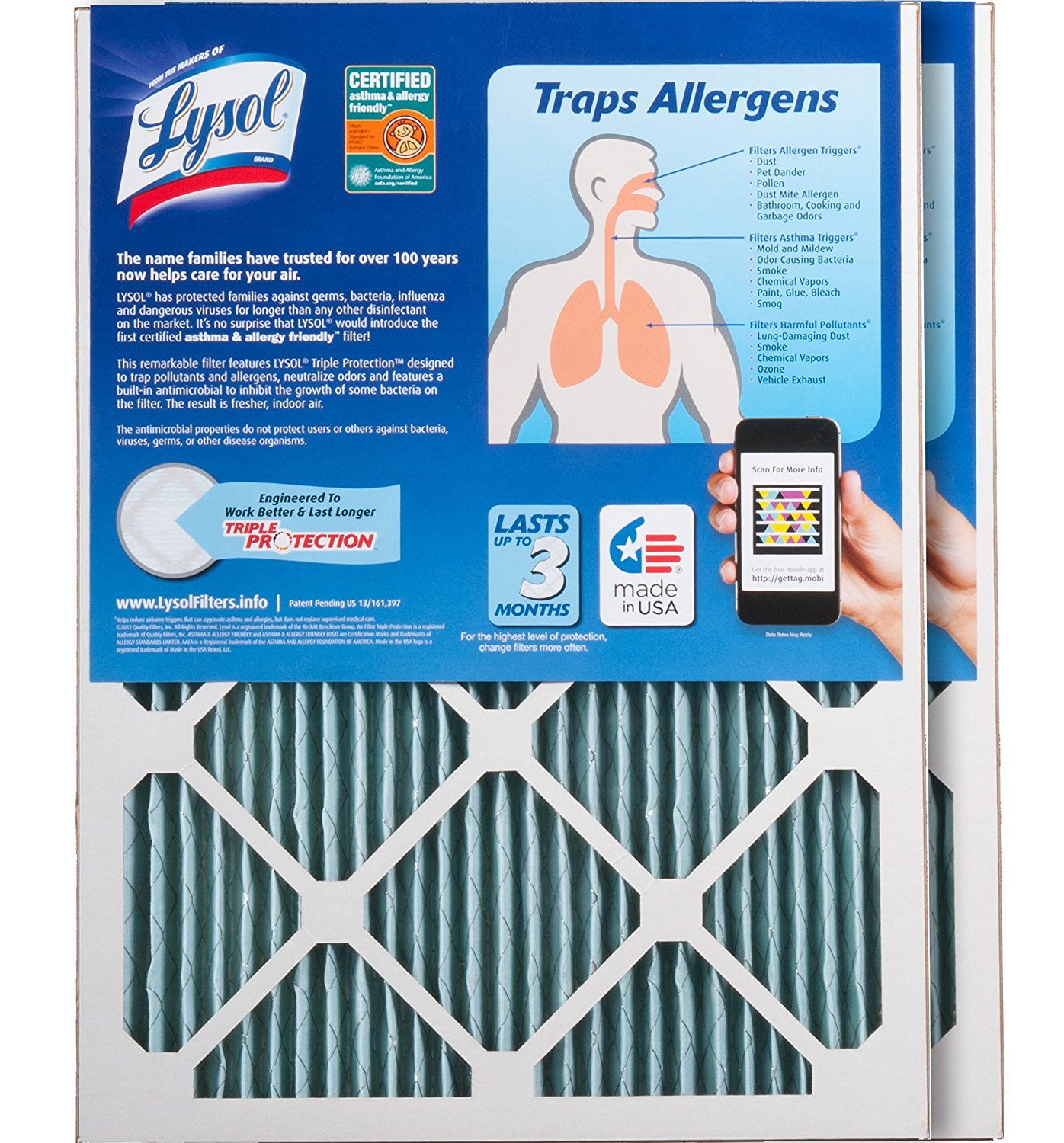 Lysol Triple Protection Furnace/AC Air Filter, 12" x 24" x 1", 2Pack
