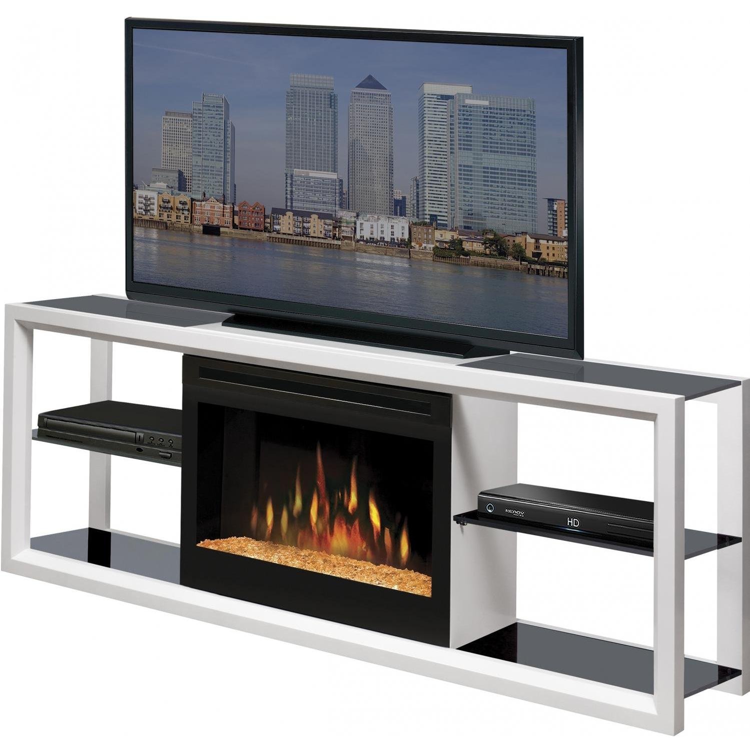 Novara 64" TV Stand with Electric Fireplace Finish White with Glass