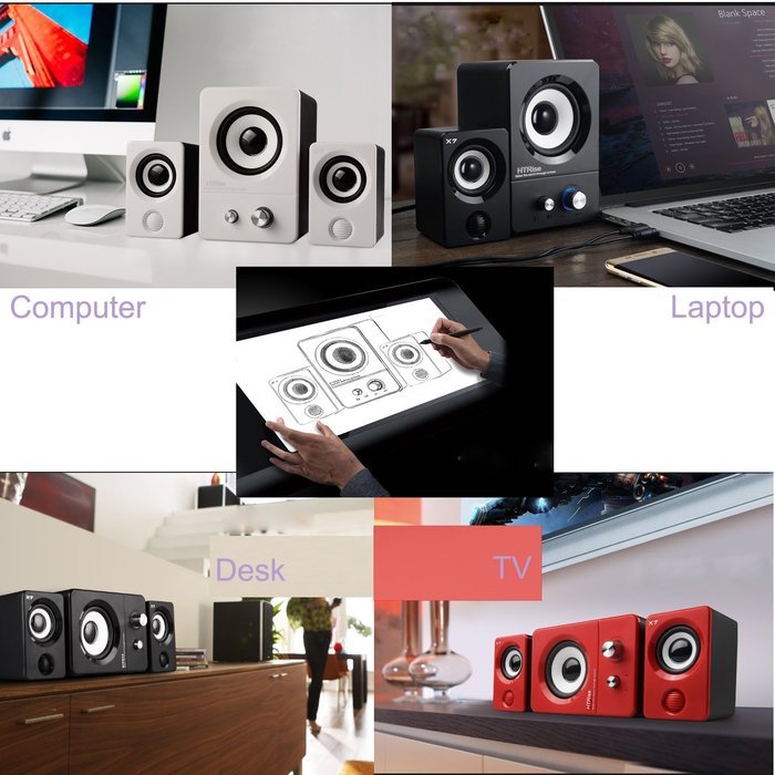 HTRise USB Wired 3 in 1 Stereo Satellite Speakers with Subwoofer of