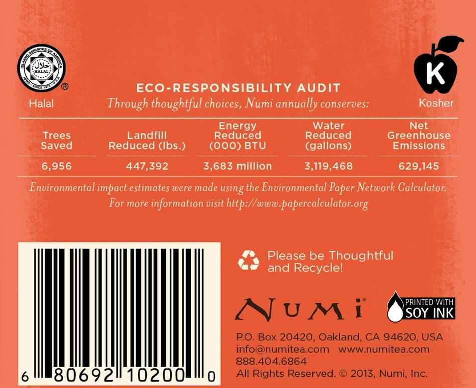 Numi Organic Tea, Rooibos Chai, Caffeine Free Herbal Teasan, 18Count nonGMO Tea Bags (Pack of