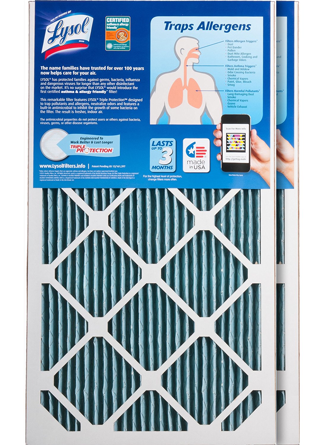 Lysol Triple Protection Furnace/AC Air Filter, 12" x 24" x 1", 2Pack