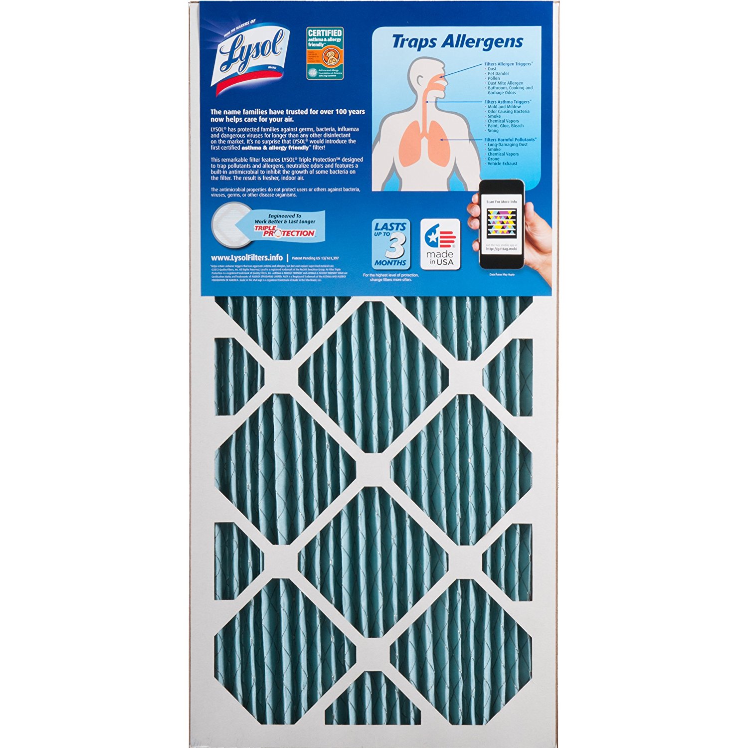Lysol Triple Protection Furnace/AC Air Filter, 12" x 24" x 1", 2Pack