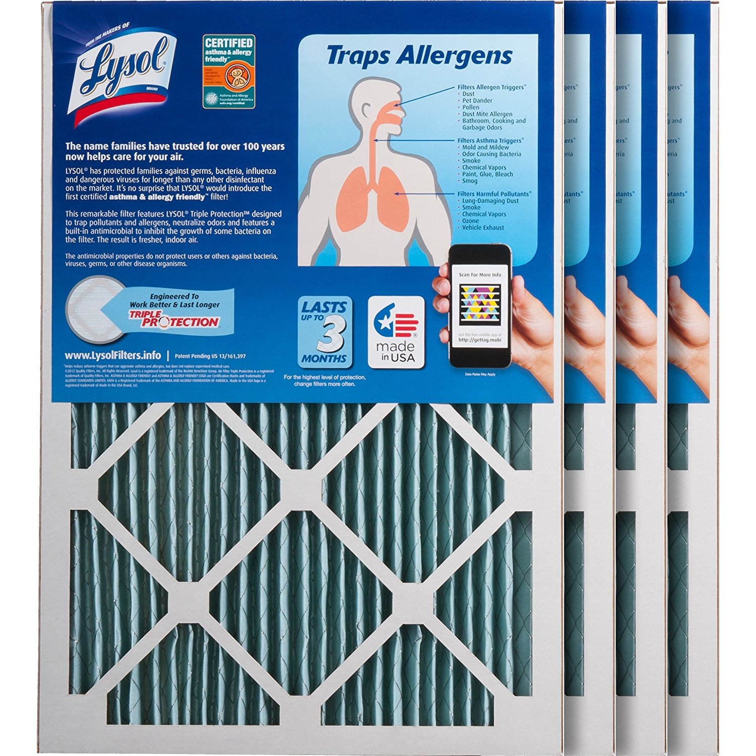 Lysol Triple Protection Furnace/AC Air Filter, 12" x 24" x 1", 2Pack