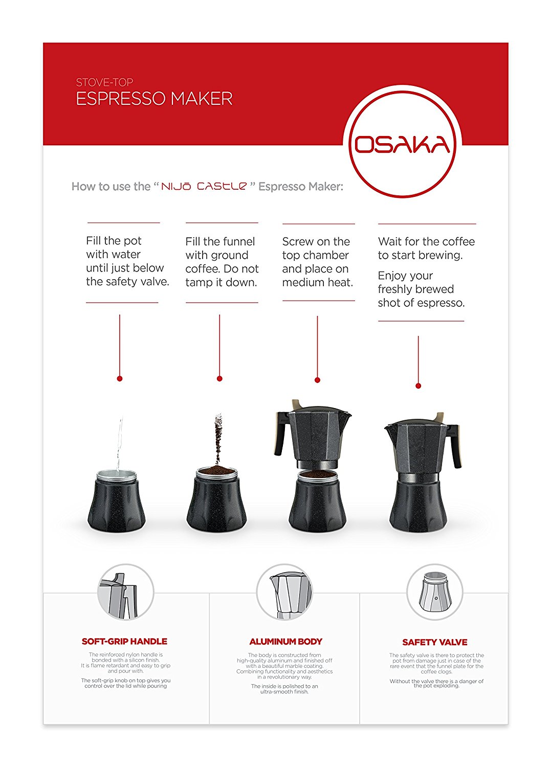 Osaka Stovetop Espresso Maker Aluminum with Marbled Coating, Stove