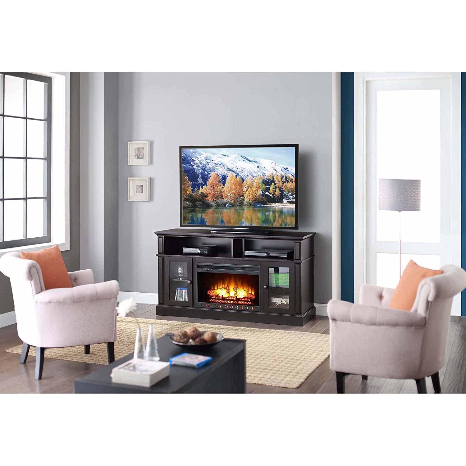 Brown Whalen Remote Control Barston Fireplace Media Console For TV's Up
