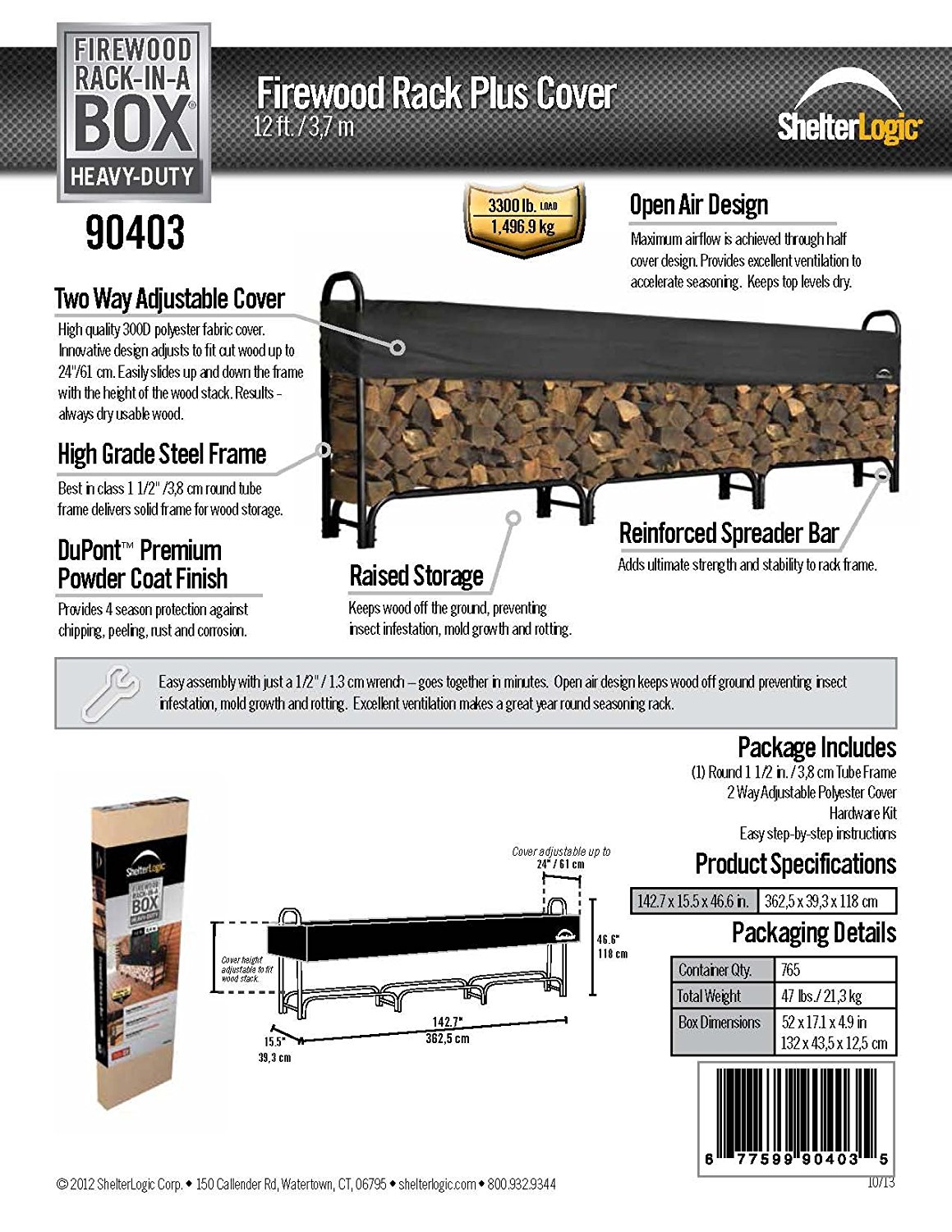 ShelterLogic 90403 Heavy Duty Firewood Rack with Cover, Black, 12Feet