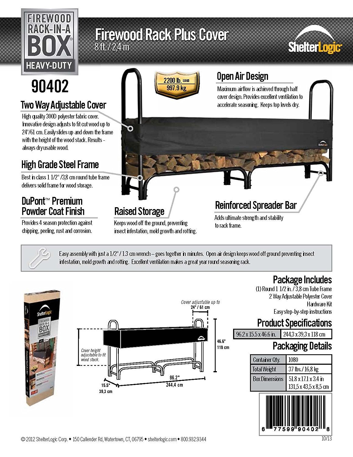 ShelterLogic 90403 Heavy Duty Firewood Rack with Cover, Black, 12Feet