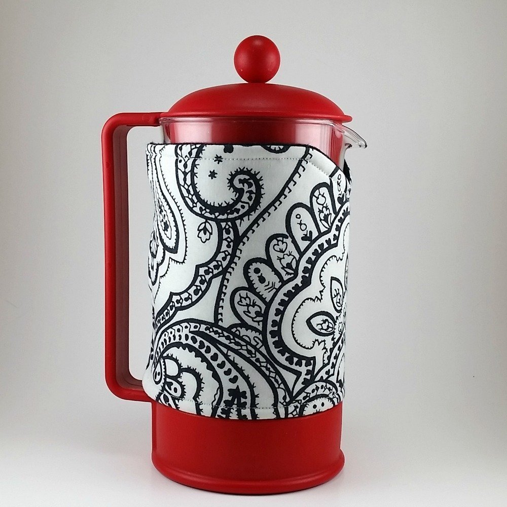 French Press Cozy, Cafetiere Cosy, 8 cup, Handmade, Black and White, Paisley free image download