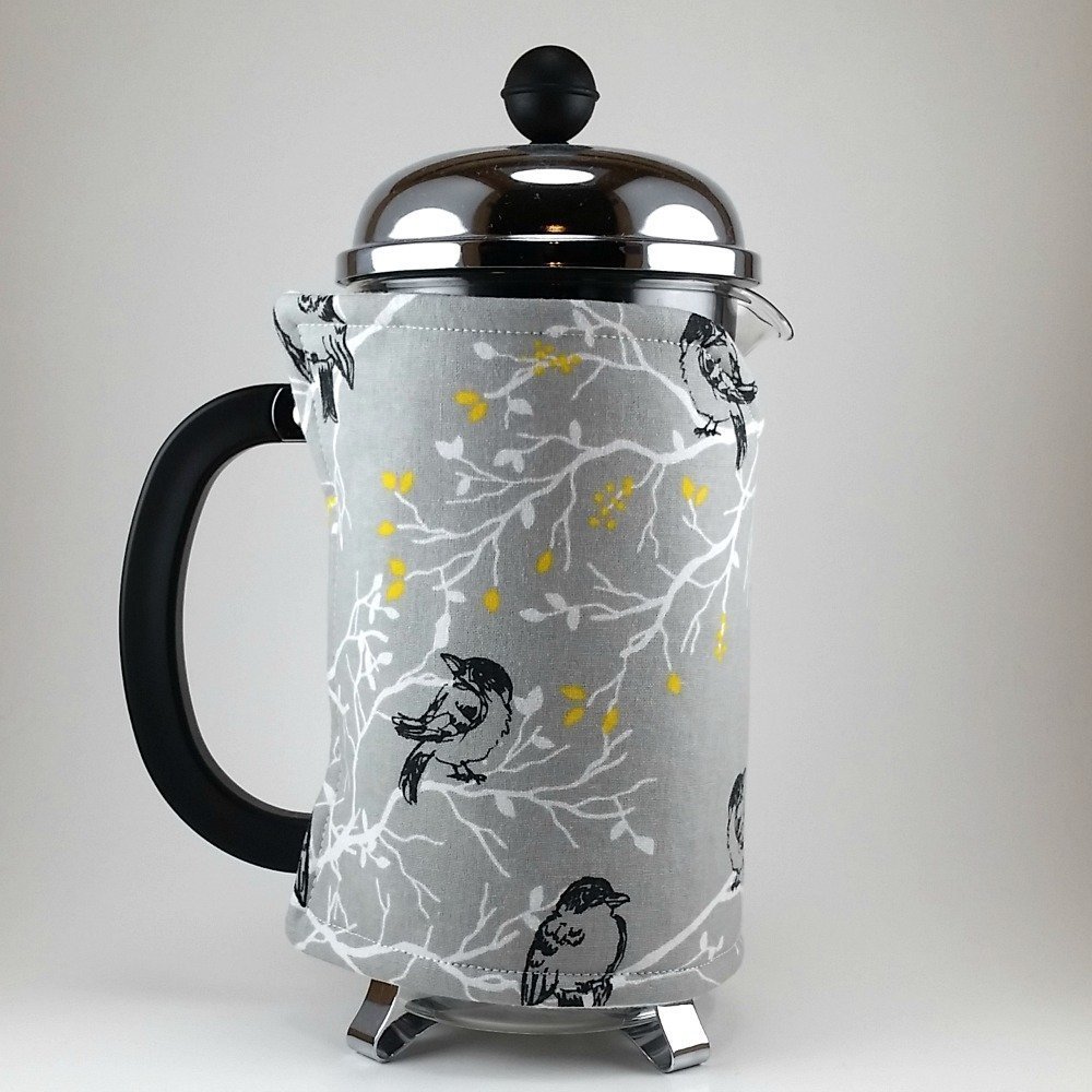 French Press Cozy Cover, 8 cup, Cafetiere Cosy Handmade Grey Bird Decor
