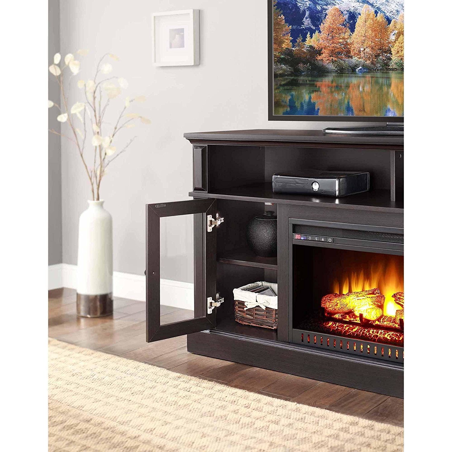 Brown Whalen Remote Control Barston Fireplace Media Console For TV's Up