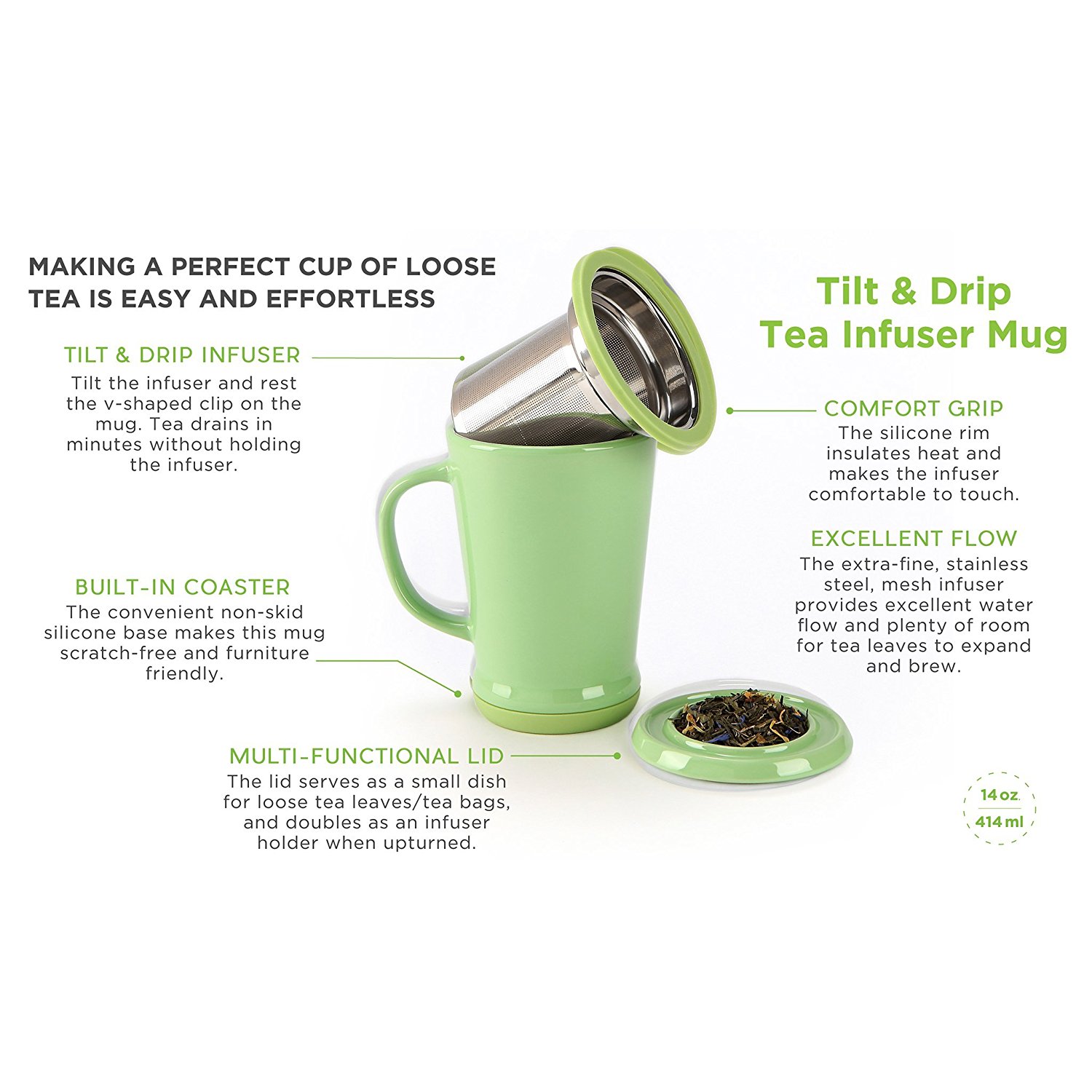 CasaWare Tilt and Drip Tea Infuser Ceramic Mug, 14Ounce (Matcha Green