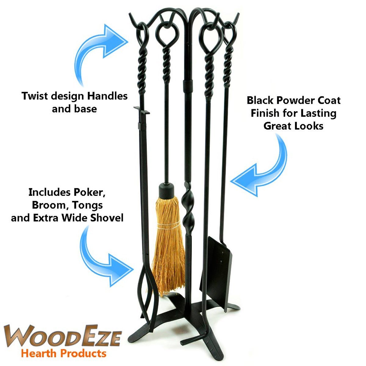 WoodEze FTKB05685TA 5 Piece Black Wrought Iron Fireplace Tool Set with