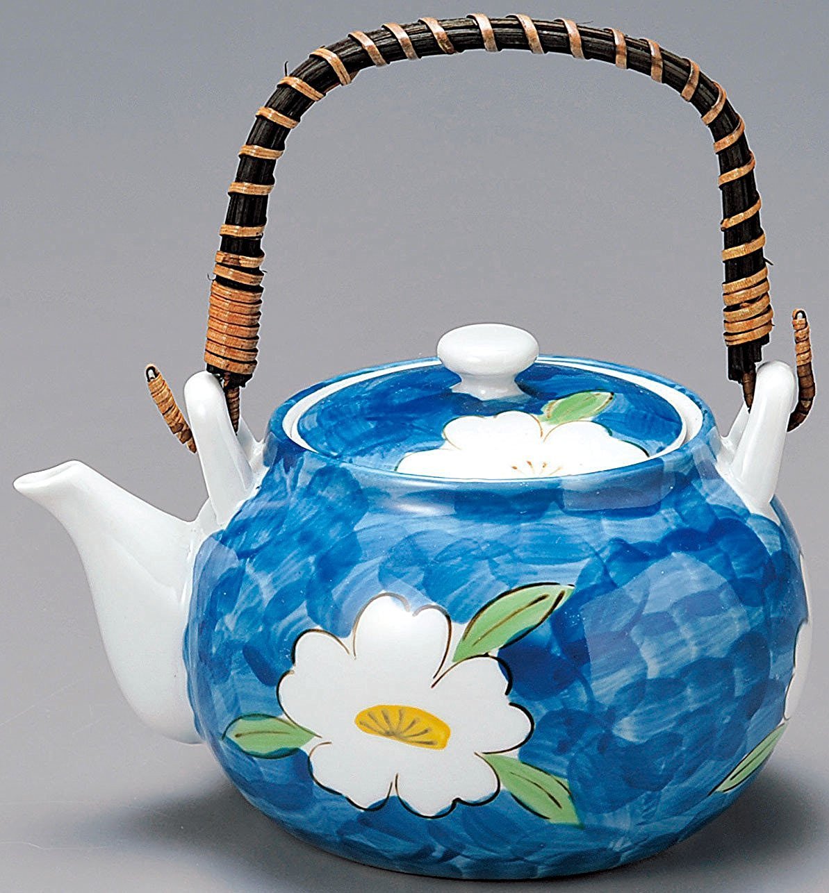 Yamakiikai pottery Blue Kyusu(Japanese teapot) White Flower pattern