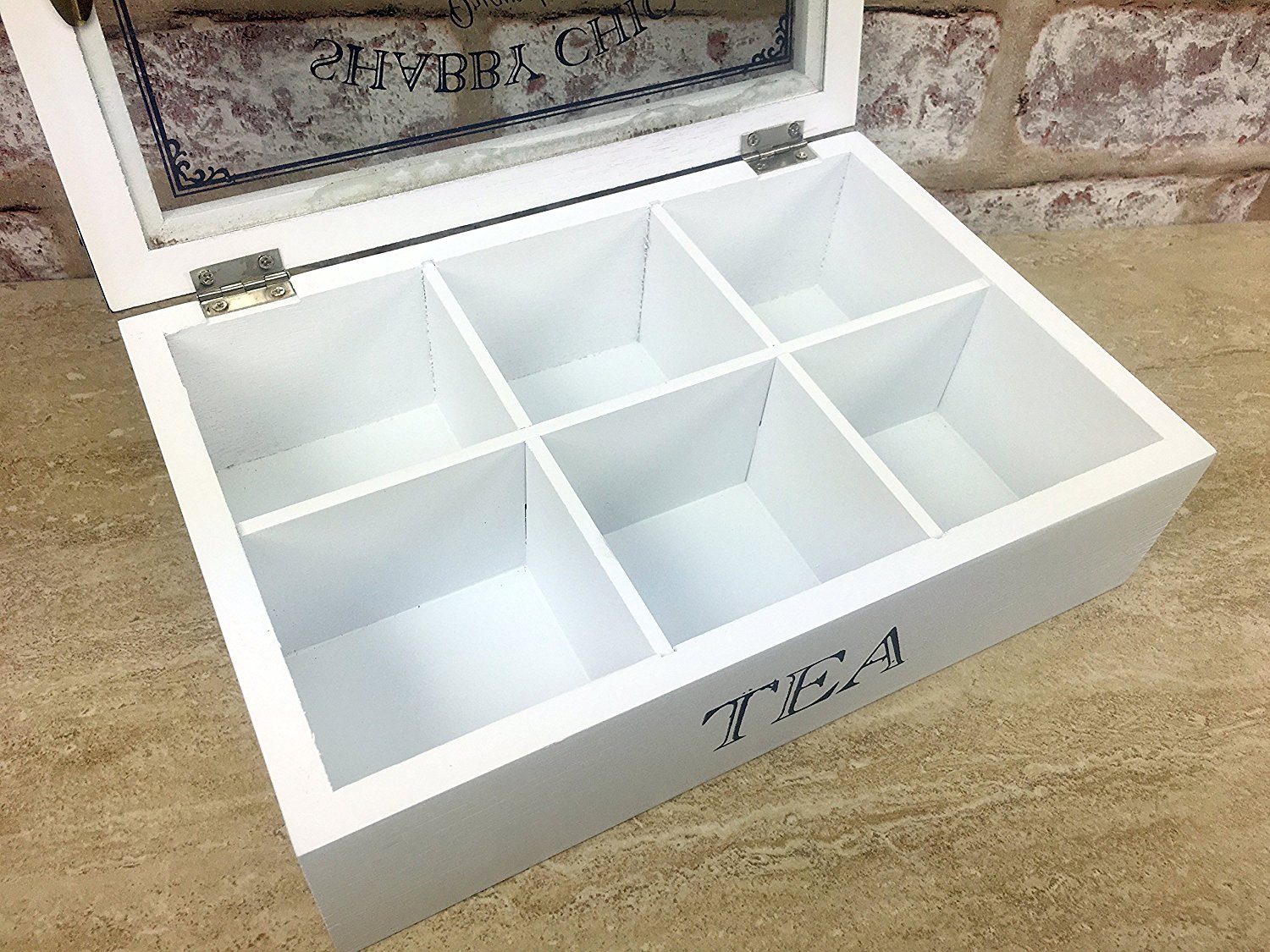 Vintage Shabby Chic WHITE WOODEN BOX TEA BAG CHEST 6 COMPARTMENT by