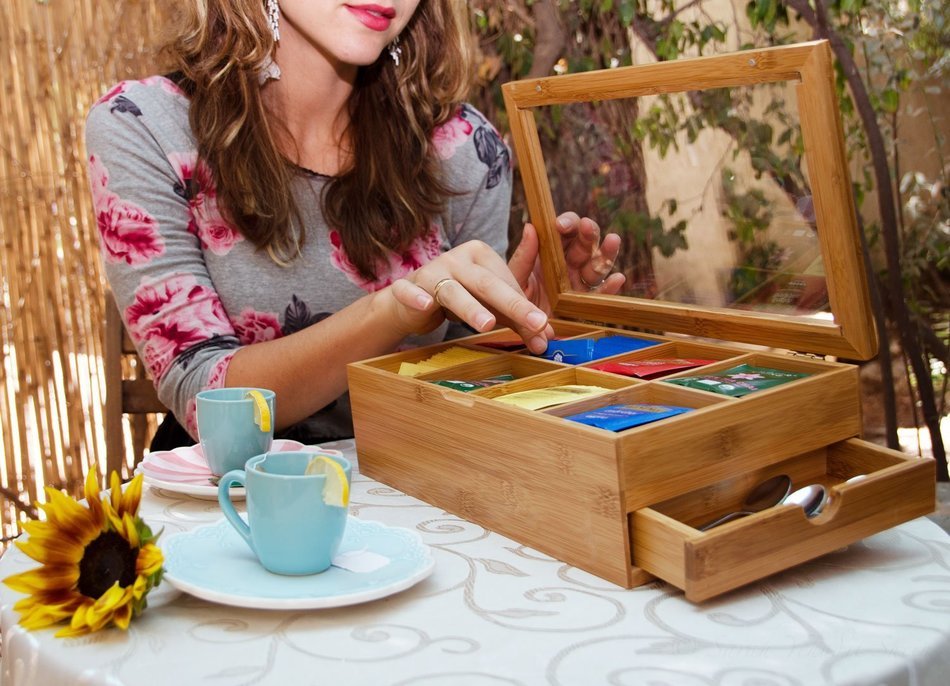 Tea Box Organizer Natural Bamboo Elegant Tea Chest With 8 Storage