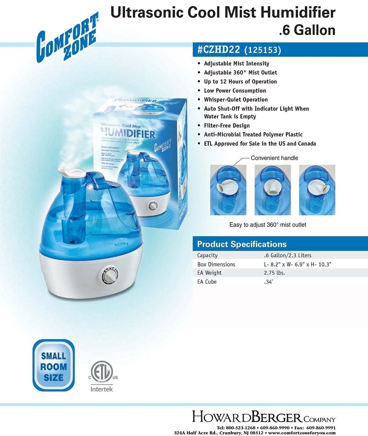 Comfort Zone CZHD22 Quiet Ultrasonic AntiMicrobial Soothing Cool Mist