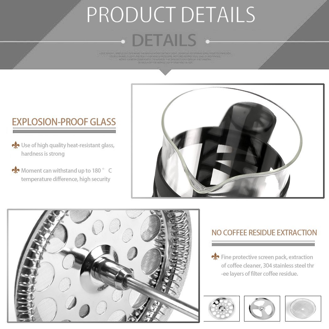 Homdox French Press Glass and PP Plastic Coffee Maker, 8 Coffee Cups (1